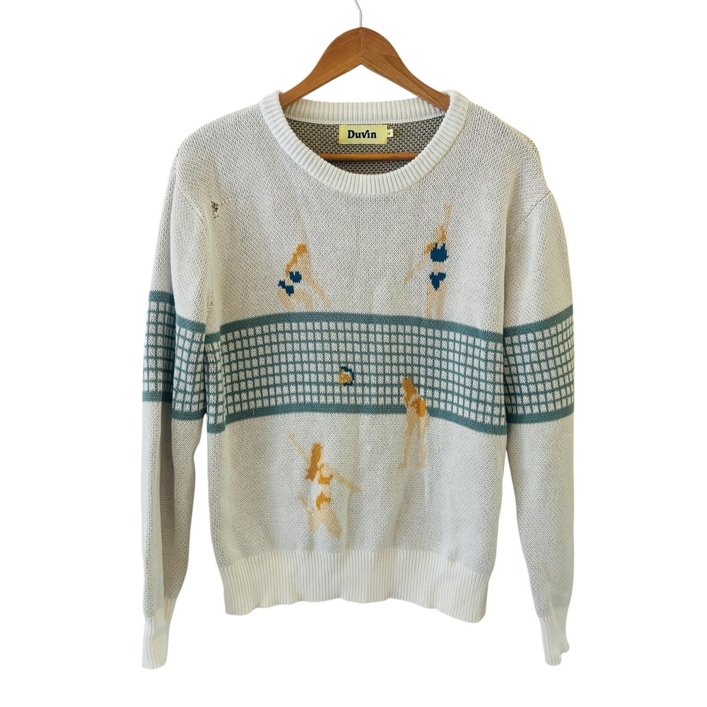 Duvin Design Volleyball Graphic Sweater Mens M White Retro Preppy Novelty
